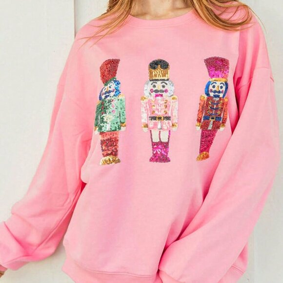 Pink Casual Women's Loose Sequin Christmas Crewneck Sweater - Picture 2 of 7